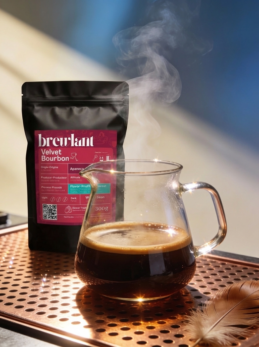 Red Bourbon coffee package with a glass of coffee on a textured surface